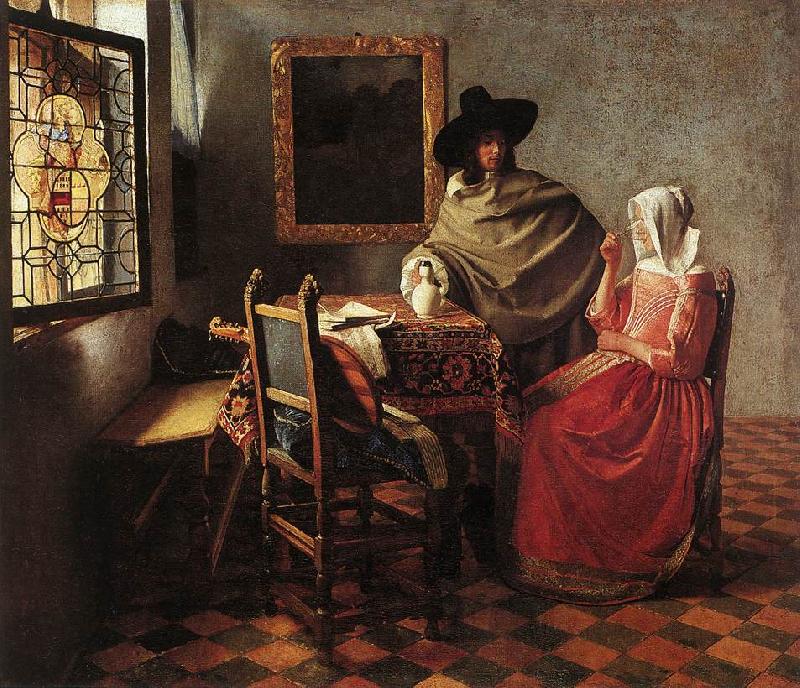 VERMEER VAN DELFT, Jan A Lady Drinking and a Gentleman wr oil painting picture